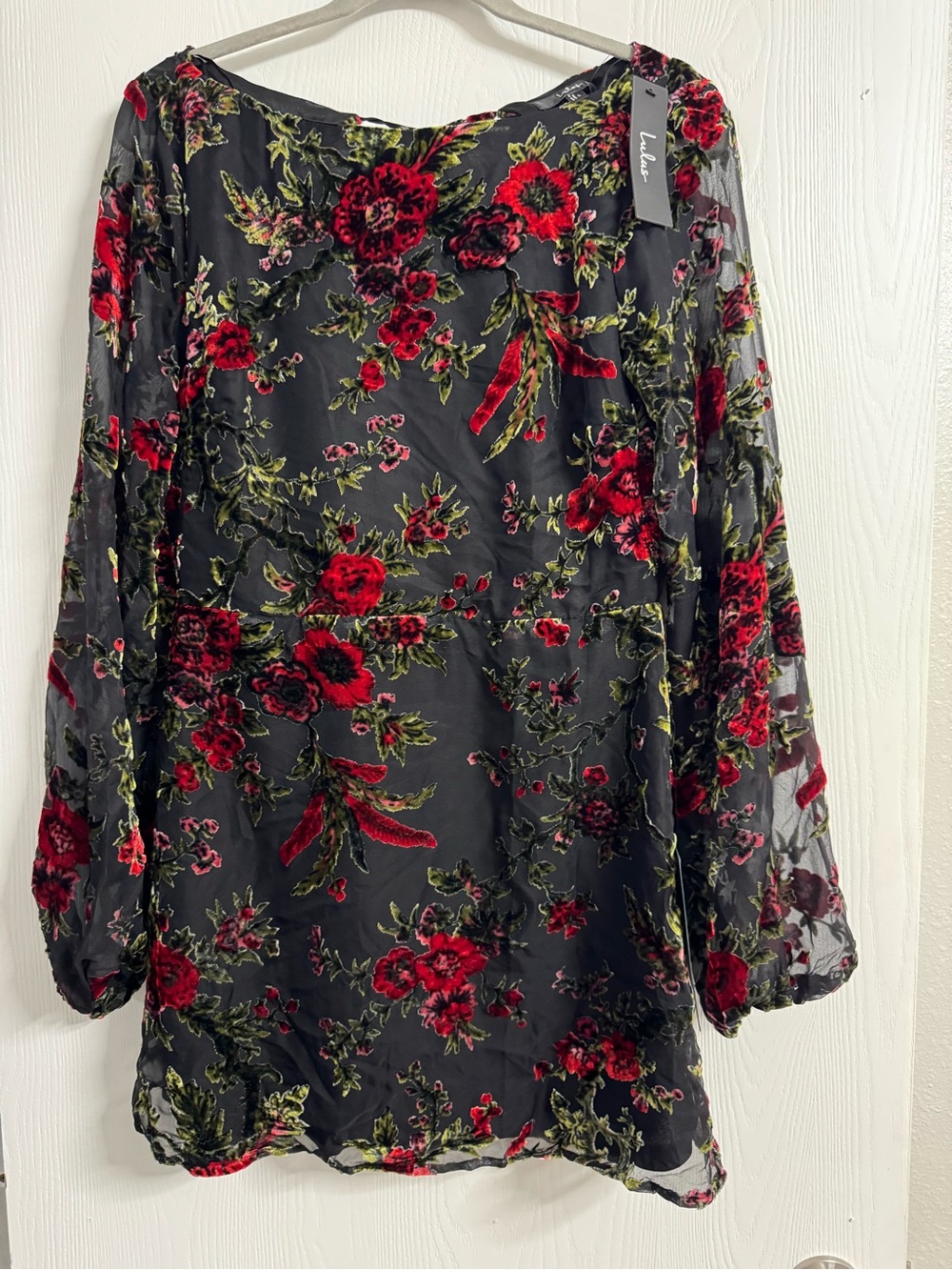 Lulu's Black Sheer Long-Sleeve Dress with Red Floral Velvet Burnout